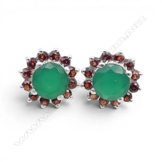 PR SILVER GREEN ONYX & GARNET EARRINGS