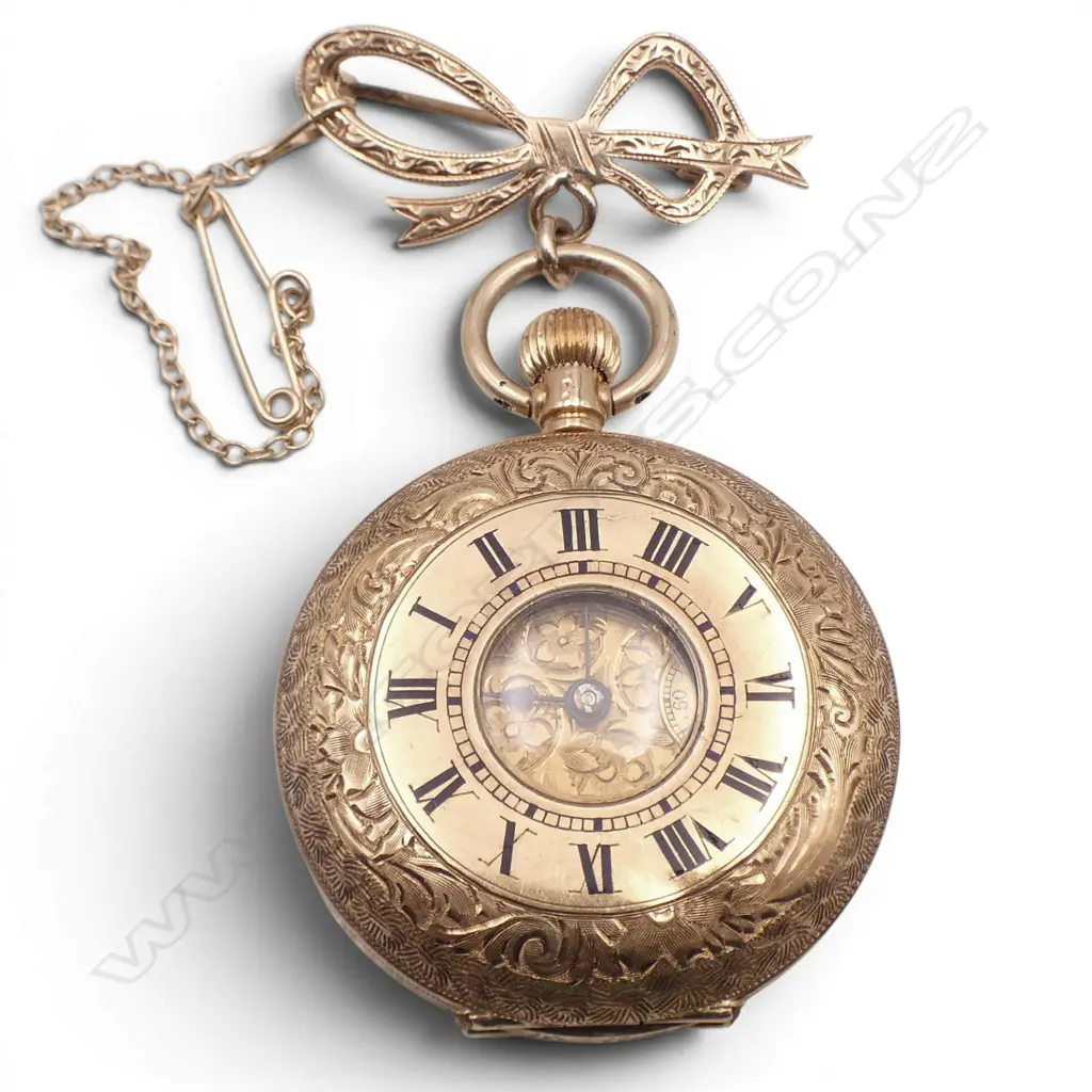 EARLY 20thC LADIES 14CT HALF HUNTER FOB WATCH. RECENTLY SERVICED. Plated dust cover.  34.6gms Image 1++
