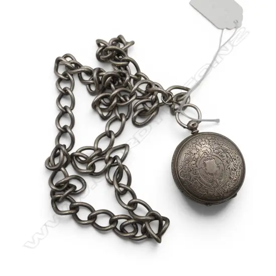 SILVER POCKET WATCH ON LONG & LARGE LINK PLATED CHAIN