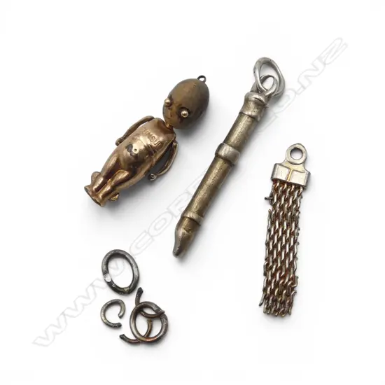 GOLD PLATE WW1 'FUMSUP' LUCKY CHARM + SILVER FLUTE/RECORDER CHARM ETC