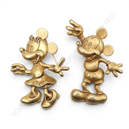 TWO DISNEY GOLD PLATED MICKEY & MINNIE MOUSE BROOCHES, 35 x 45mm