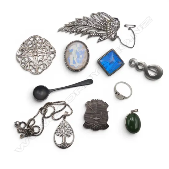 ASST. SILVER & plated JEWELLERY: butterfly wing brooches x2 + marcasite brooch + tree pendant etc