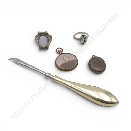 2 SILVER RINGS, OPAL & MOP, 2 OLD PENDANTS & PLATED NAIL TOOL