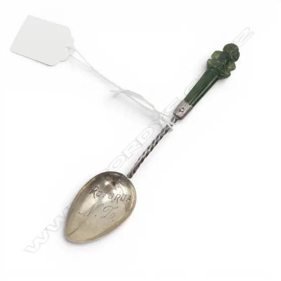 EARLY 20thC SILVER & POUNAMU  TEASPOON 'Rotorua NZ' with tiki finial 