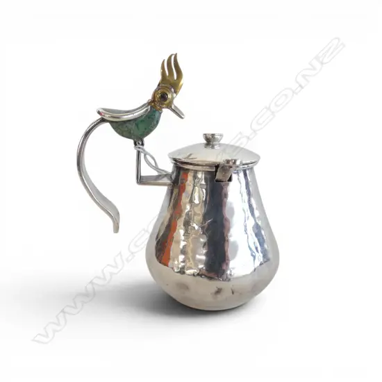 LOS CASTILLO MEXICAN SILVER PLATE LIDDED CONTAINER w. AZURITE BIRD, TESTING AROUND 50% SILVER, 215gms H.120mm