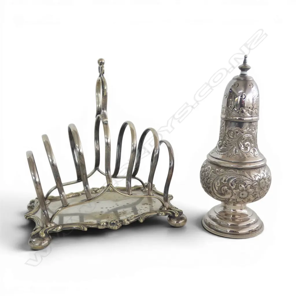 VICTORIAN SILVER PLATE LGE TOAST RACK w tray base + S/PLATE fancy LARGE ICING SUGAR SIFTER H.185mm  Image 1++