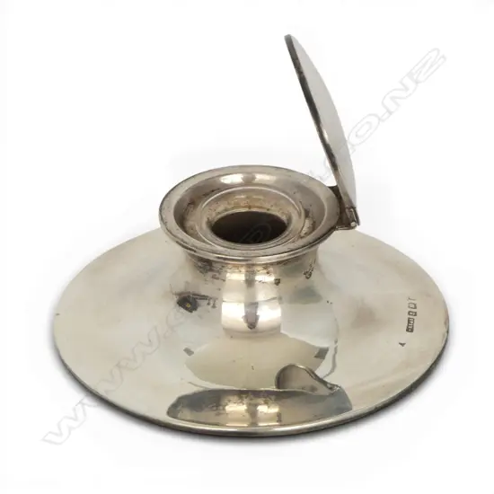 EDWARDIAN SILVER CAPSTAN INKWELL lidded w glass liner. Birmingham 1906. Plaster filled.