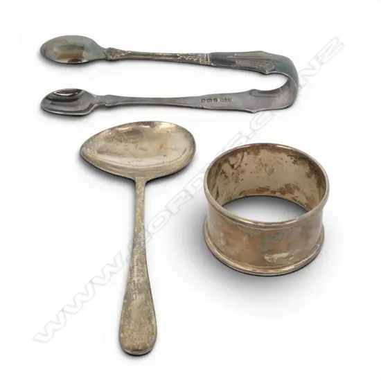 3 PCS S/SILVER BABY SPOON PR OF TONGS & NAPKIN RING 68.9GMS