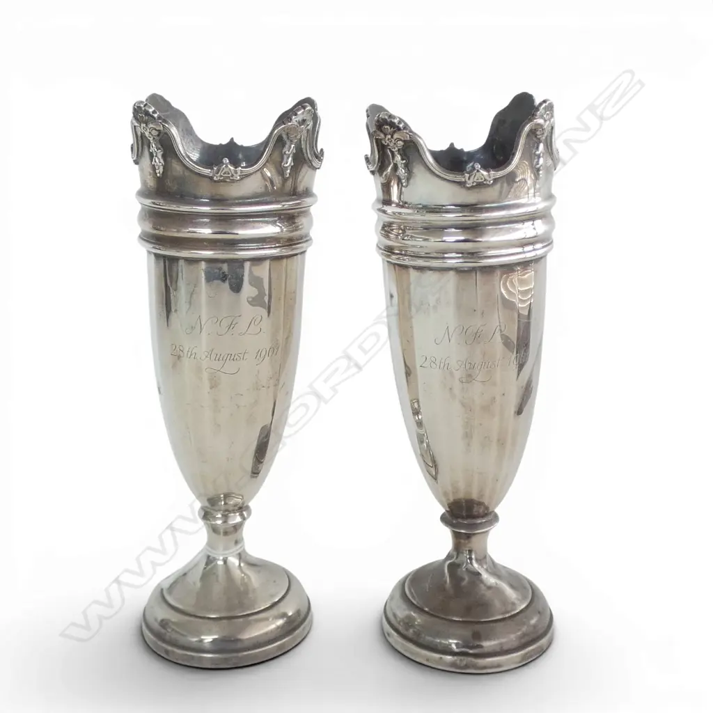PR STG SILVER VASES, B'HAM 1960 H.205mm 476gms WEIGHTED, DENTS Image 1++