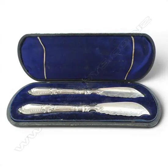 PR VICTORIAN Sheffield 1863 SILVER BUTTER KNIVES 85gms in box. Blades & handles silver. Box faulted.