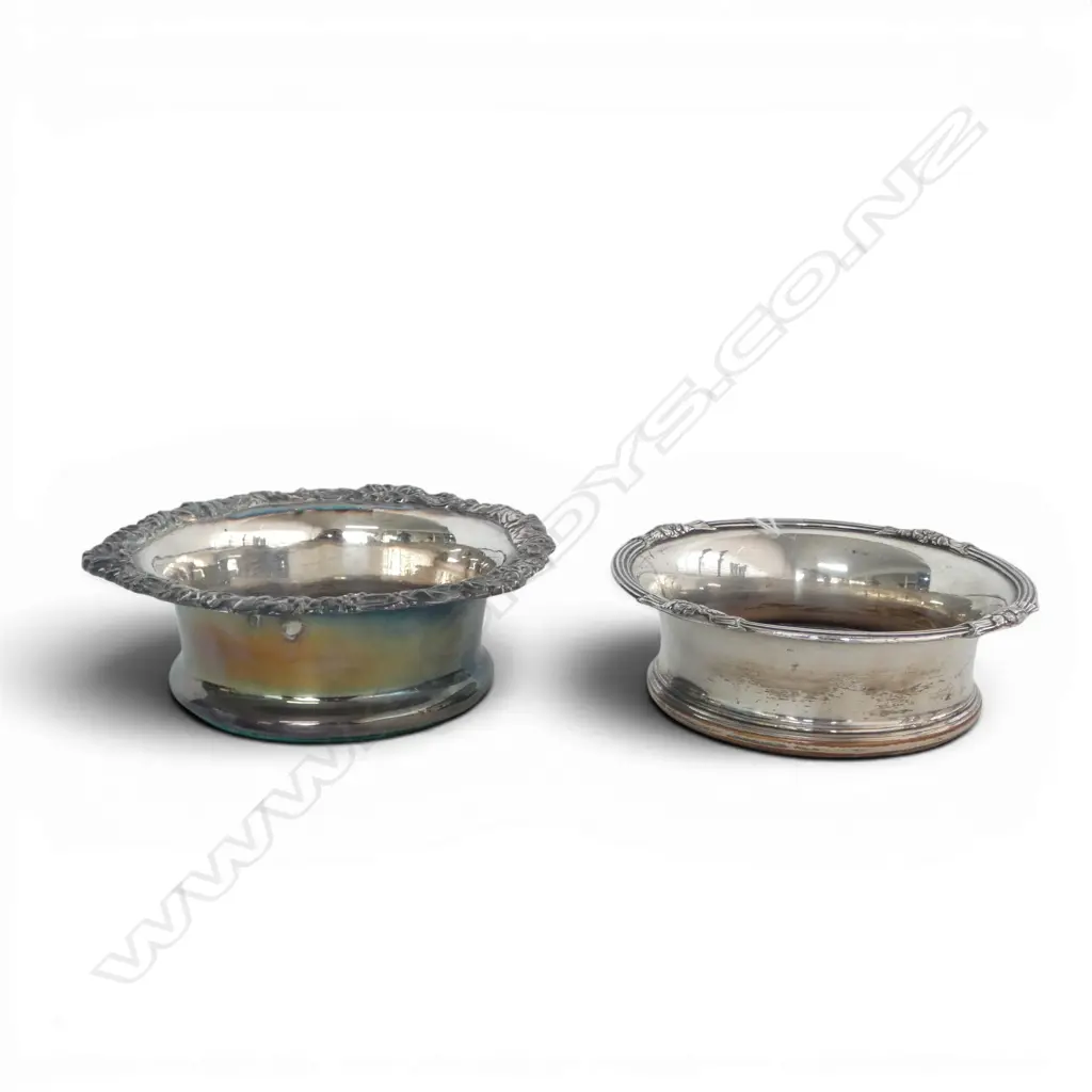 TWO 19thC  OLD SHEFFIELD PLATE BOTTLE COASTERS w turned wooden bases. Dia's.180 & 165mm Image 1++