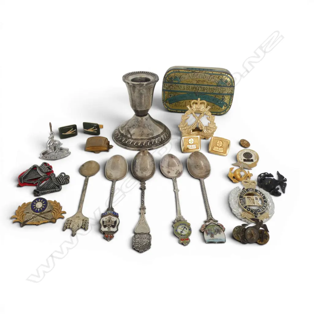 5 STG SILVER SPOONS 56gms, STG CANDLESTICK, ASST. BADGES, 2 PRS GP CUFFLINKS Image 1++