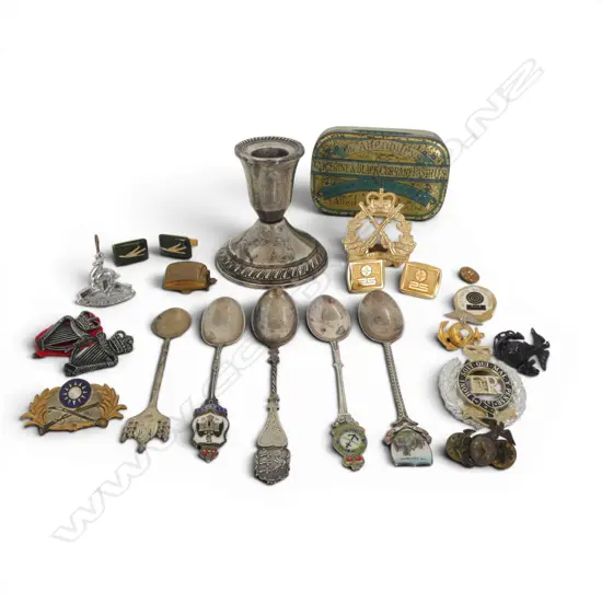 5 STG SILVER SPOONS 56gms, STG CANDLESTICK, ASST. BADGES, 2 PRS GP CUFFLINKS