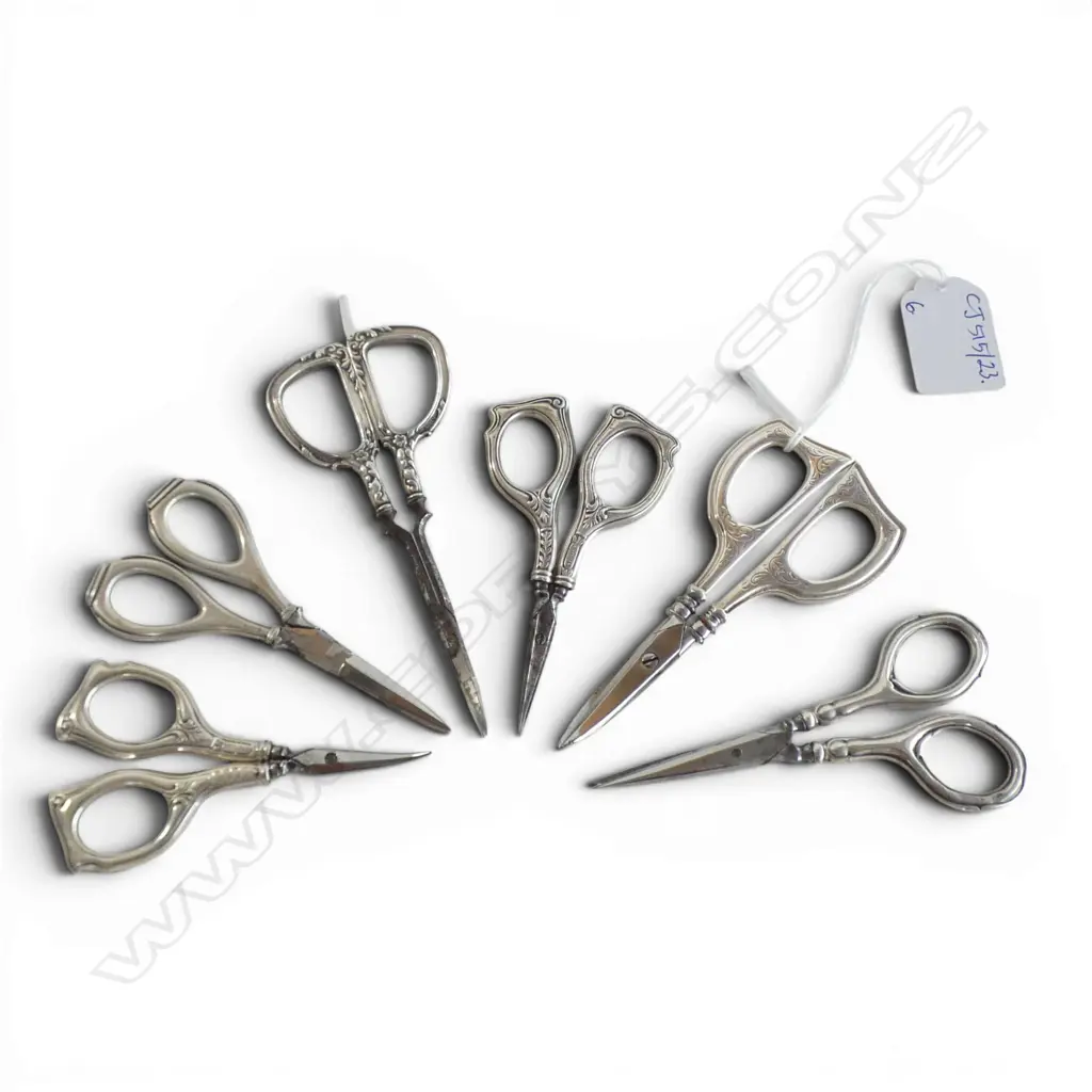 6 PRS SCISSORS, STG SILVER HANDLES L.115mm Image 1++