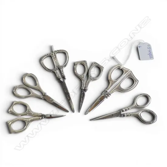 6 PRS SCISSORS, STG SILVER HANDLES L.115mm