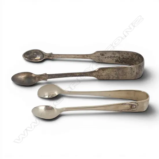 2 OLD SILVER PAIRS of SUGAR TONGS: Newcastle 1853 + Birmingham 1939. 78gms