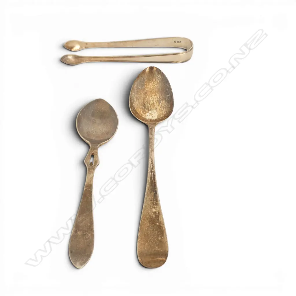 2 SILVER SPOONS + PR TONGS London 1831.100gms  Image 1++