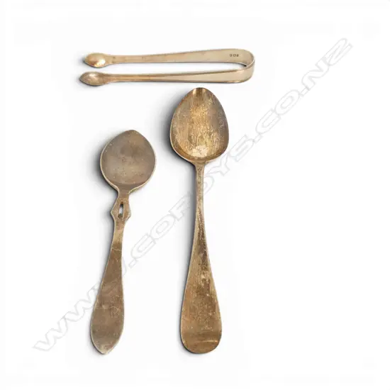 2 SILVER SPOONS + PR TONGS London 1831.100gms 