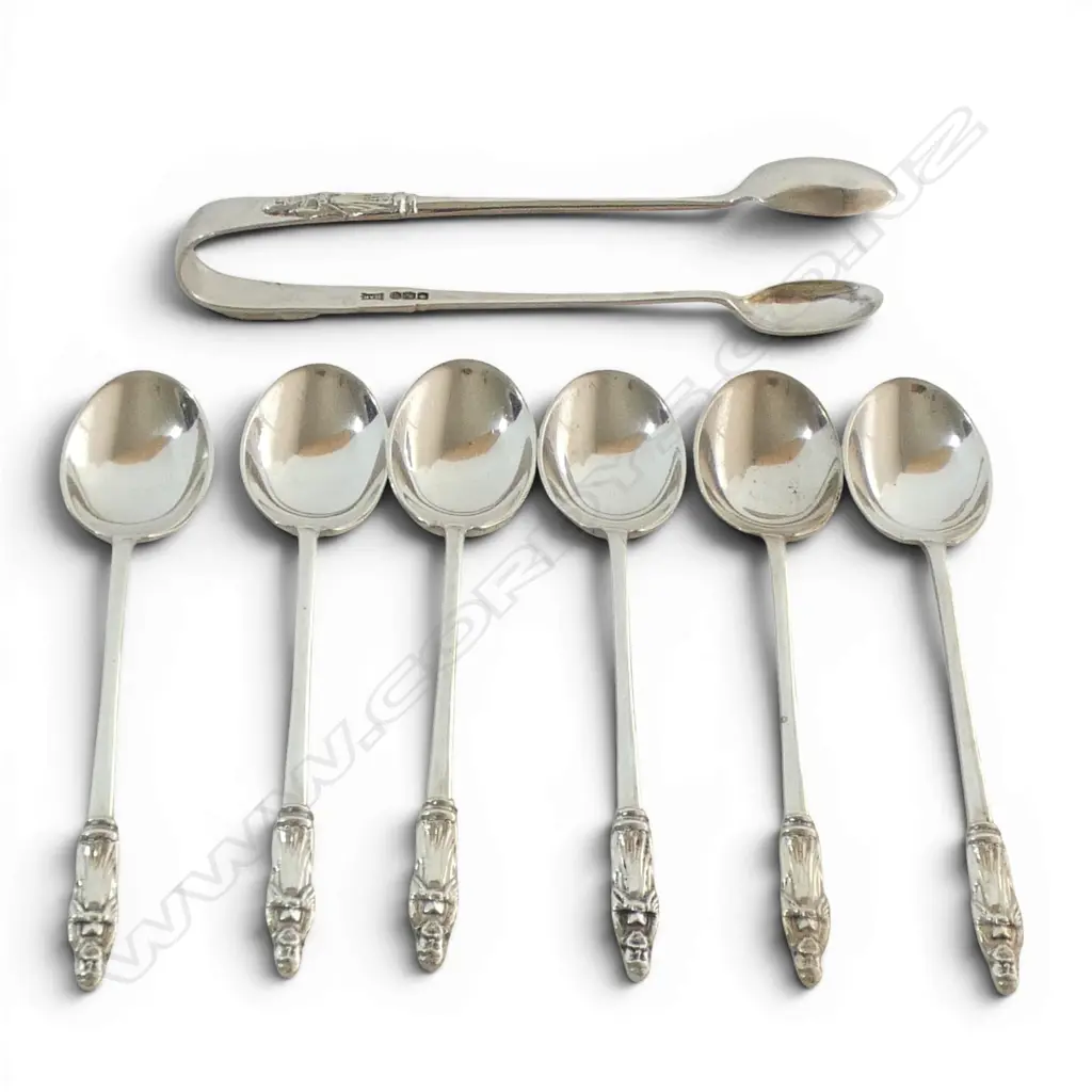 SET OF 6 S/SILVER TEASPOONS & TONGS 98.8GMS Image 1++