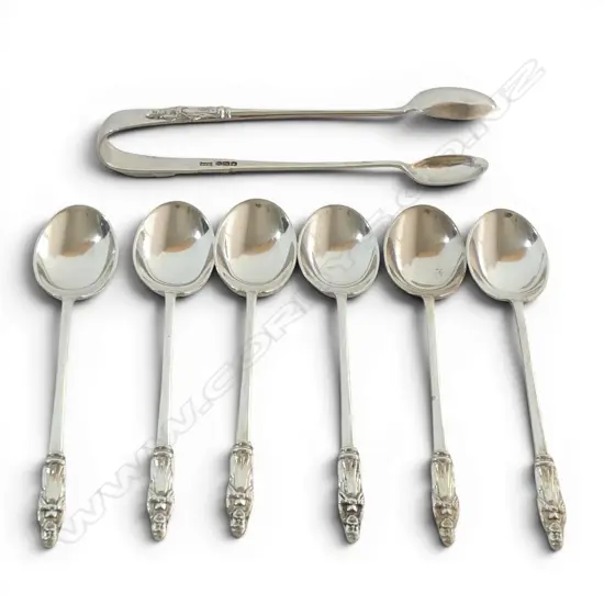 SET OF 6 S/SILVER TEASPOONS & TONGS 98.8GMS