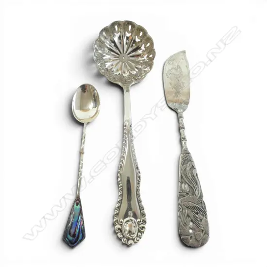 CHINESE SILVER BUTTER KNIFE S/SILVER SIFTING SPOON & S/SILVER NZ PAUA COFFEE SPOON57.6 GMS