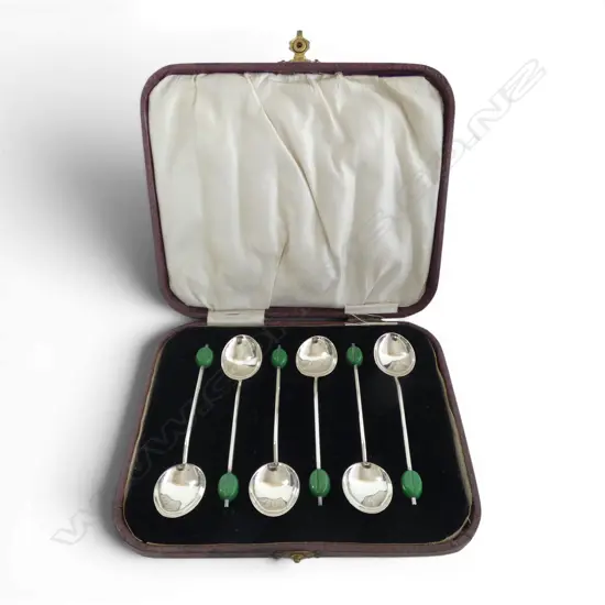 CASED SET OF 6 COFFEE BEAN HANDLED S/SILVER COFFEE SPOONS 31.7GMS