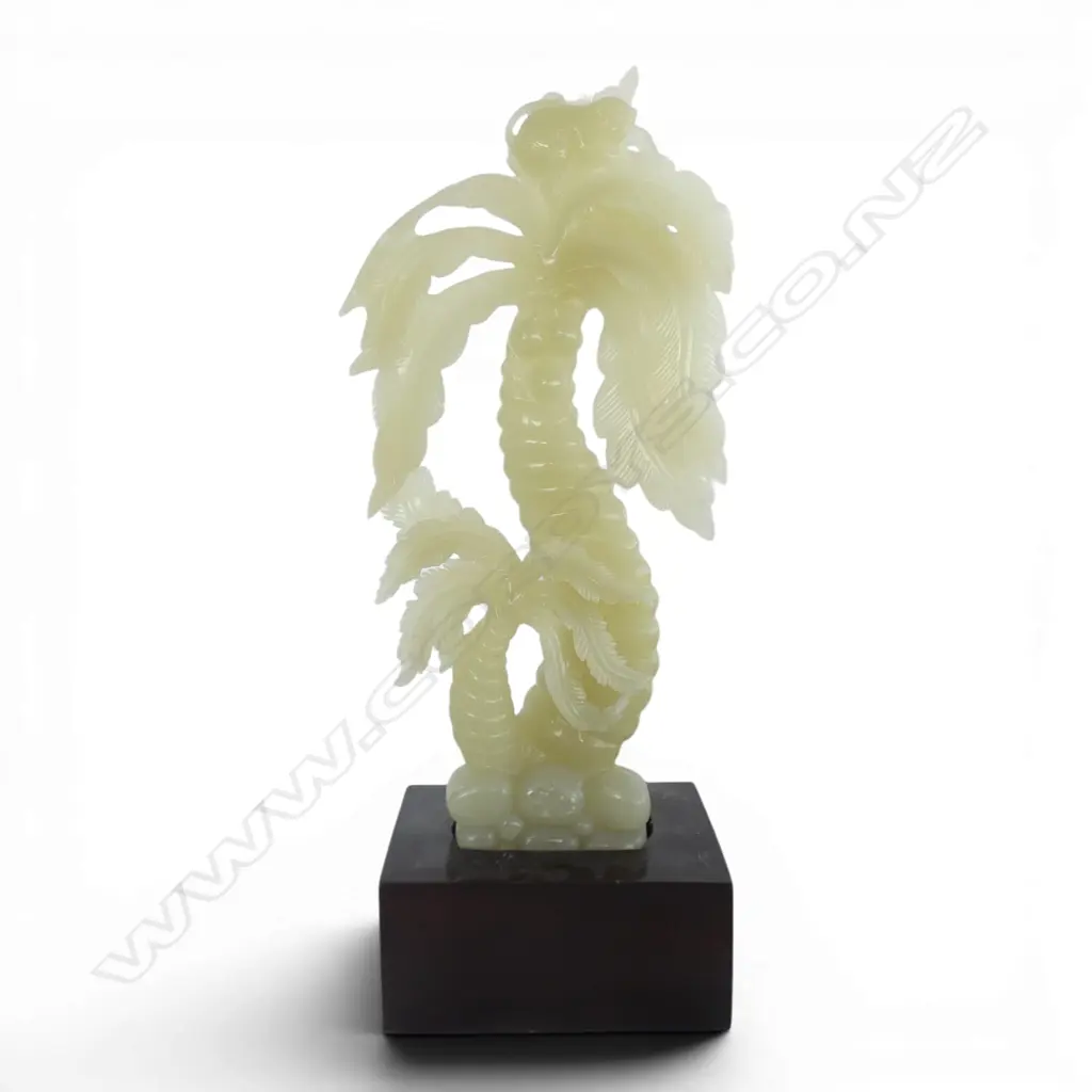 ORIENTAL LARGE CARVED CHRYSOPRASE PALM & MONKEY on wooden base H.470mm Image 1++