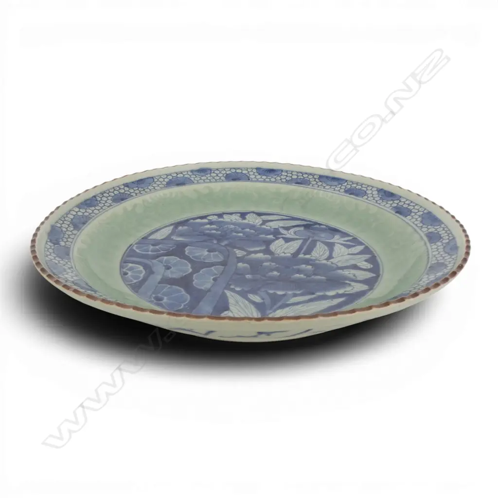 OLD JAPANESE ARITA PORCELAIN CHARGER stylised florals & celadon over cut floral band. Dia.320mm. Image 1++