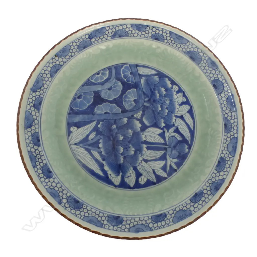 OLD JAPANESE ARITA PORCELAIN CHARGER stylised florals & celadon over cut floral band. Dia.320mm. Image 1++