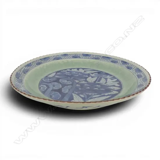 OLD JAPANESE ARITA PORCELAIN CHARGER stylised florals & celadon over cut floral band. Dia.320mm.