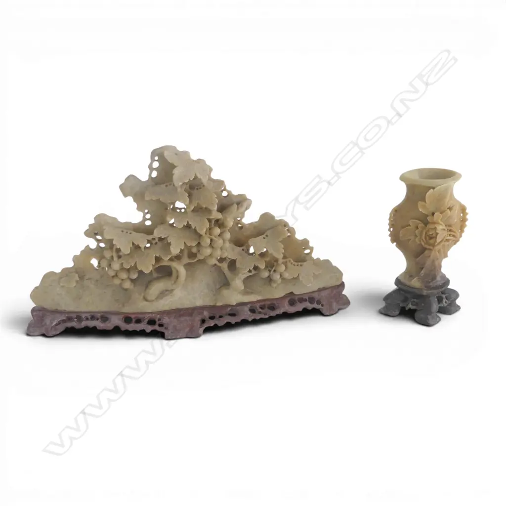 CHINESE CARVED SOAPSTONE GRAPEVINE L230MM & SMALL SOAPSTONE VASE H100MM Image 1++