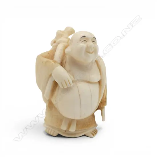 ANTIQUE SIGNED JAPANESE IVORY CARVED  TRAVLING MONK H50MM