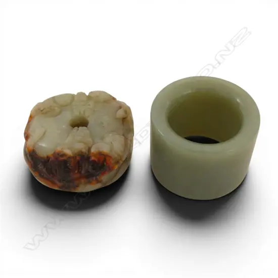 2 ORIENTAL JADE PIECES; ARCHERS RING, BEAD 35mm dia