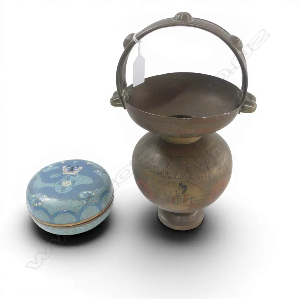 INDIAN BRASS VASE H.280mm, CLOISONNE LIDDED CONTAINER 120mm dia Image 1++