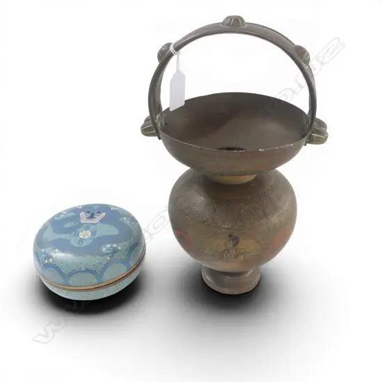 INDIAN BRASS VASE H.280mm, CLOISONNE LIDDED CONTAINER 120mm dia