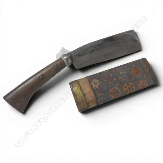 OLD JAPANESE NATA HATCHET traditional cloth covered wood scabbard sharp solid heavy steel blade. L.335mm