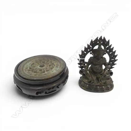 BRONZE BUDDHA AND MIRROR + STAND