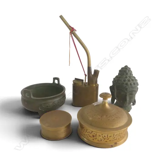 5 ORIENTAL METAL ITEMS; BRONZE BUDDHA HEAD H.100mm + INCENSE BURNER 90mm dia, OPIUM PIPE, 2 LIDDED CONTAINERS
