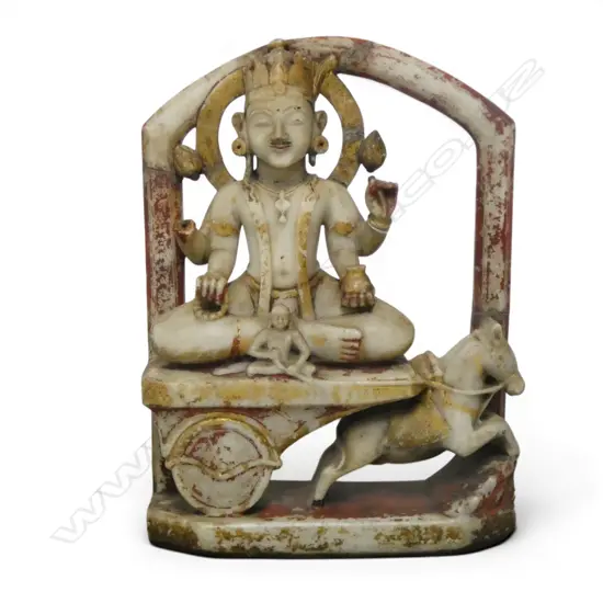ANTIQUE GILDED WHITE MARBLE HINDU SUN DEITY SURYA, OLD REPAIRS 310x90x420mm
