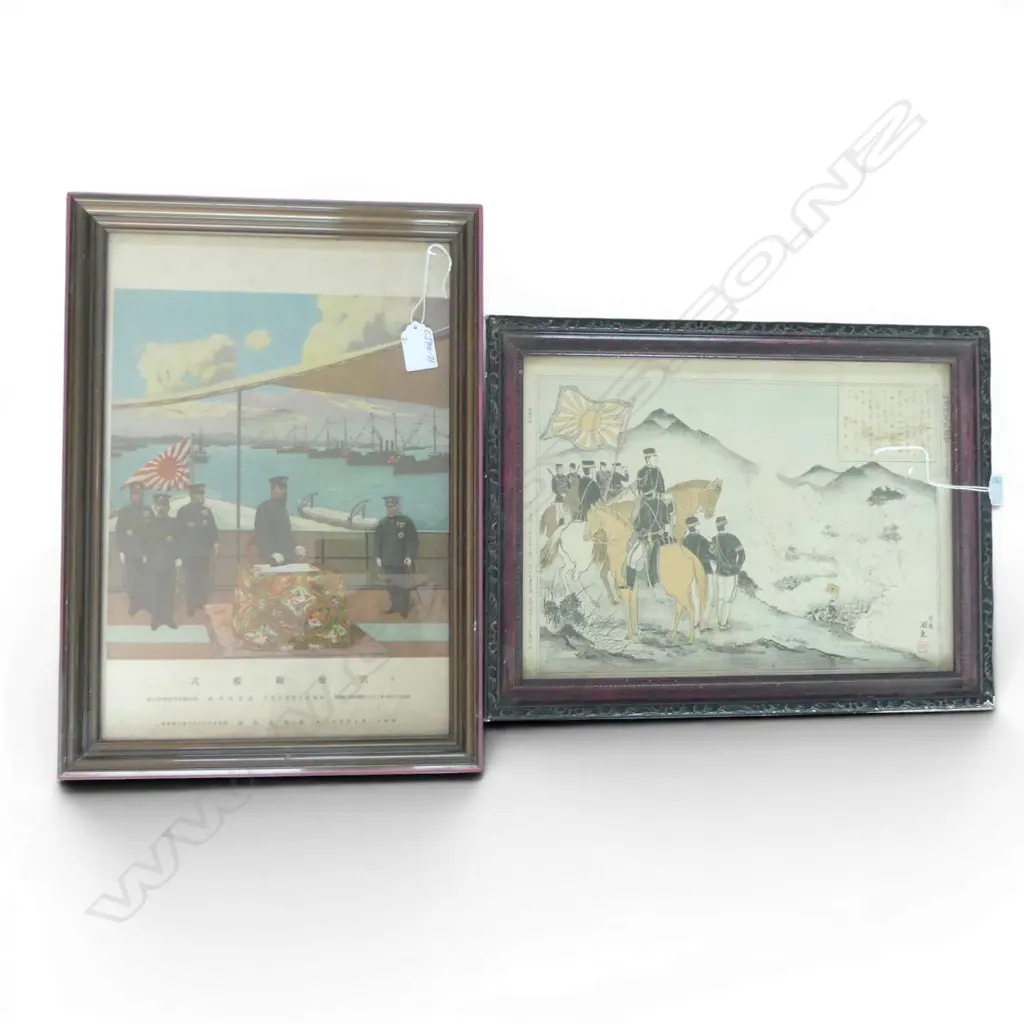 2 OLD JAPANESE MILITARY PRINTS: Woodblock propaganda print by Koto Okura c1880 - 1910. + naval photo print. 400 x 255mm Image 1++