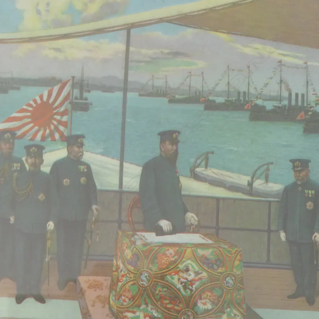 2 OLD JAPANESE MILITARY PRINTS: Woodblock propaganda print by Koto Okura c1880 - 1910. + naval photo print. 400 x 255mm Image 1++