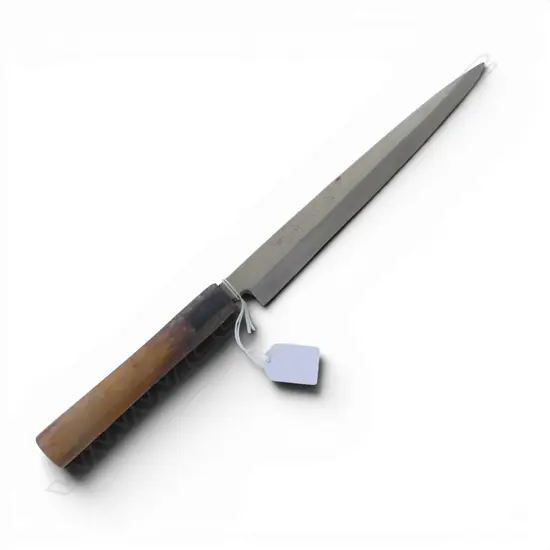 QUALITY VINTAGE Japanese steel and wood handled chef's sashimi knife Signed Minamoto Masayoshi. L.400mm.