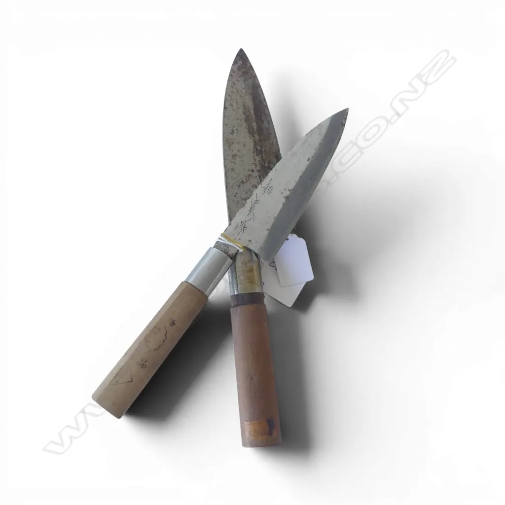 2 QUALITY JAPANESE 'Deba' fish/meat CHEF'S KNIVES carbon steel signed blades. Wood handles. L.285 & 270mm Image 1++