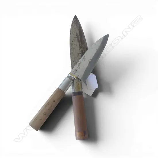 2 QUALITY JAPANESE 'Deba' fish/meat CHEF'S KNIVES carbon steel signed blades. Wood handles. L.285 & 270mm
