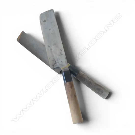 2 QUALITY JAPANESE 'KUROUCHI' vegetable chopping CHEF'S KNIVES carbon steel signed blades. Wood handles. L.330 & 298mm