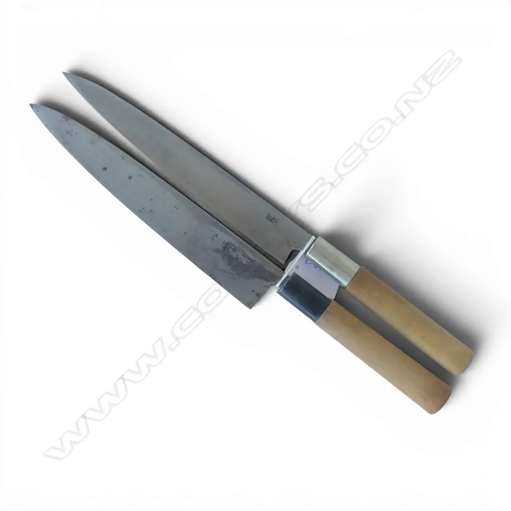 2 QUALITY JAPANESE 'Gyuto' versatile CHEF'S KNIVES carbon steel signed blades. Wood handles. L.345mm Image 1++
