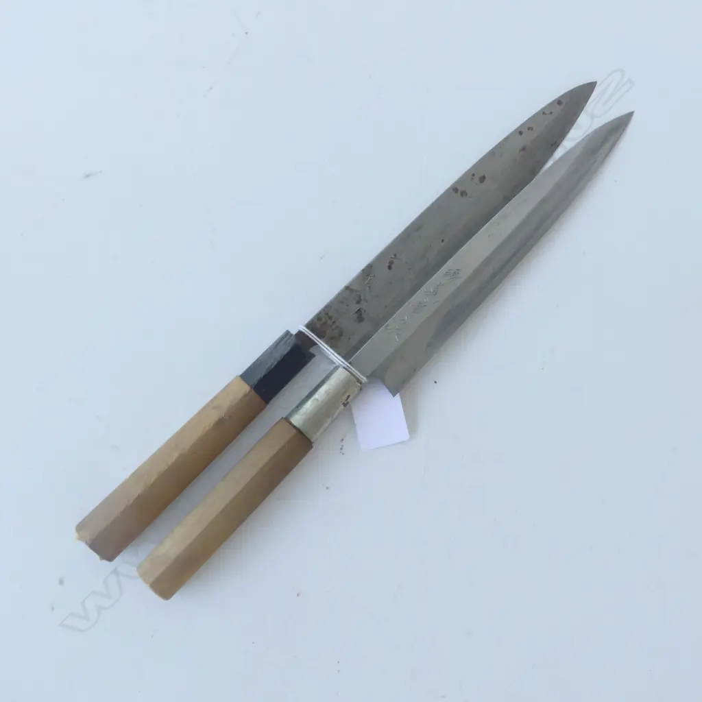 2 QUALITY JAPANESE 'Gyuto' versatile CHEF'S KNIVES carbon steel signed blades. Wood handles. L.345mm Image 1++