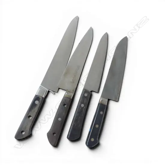 4 JAPANESE CHEF'S/COOK'S KNIVES steel blades. 2 signed 1 named. 3 w Wood handles. Longest.335mm