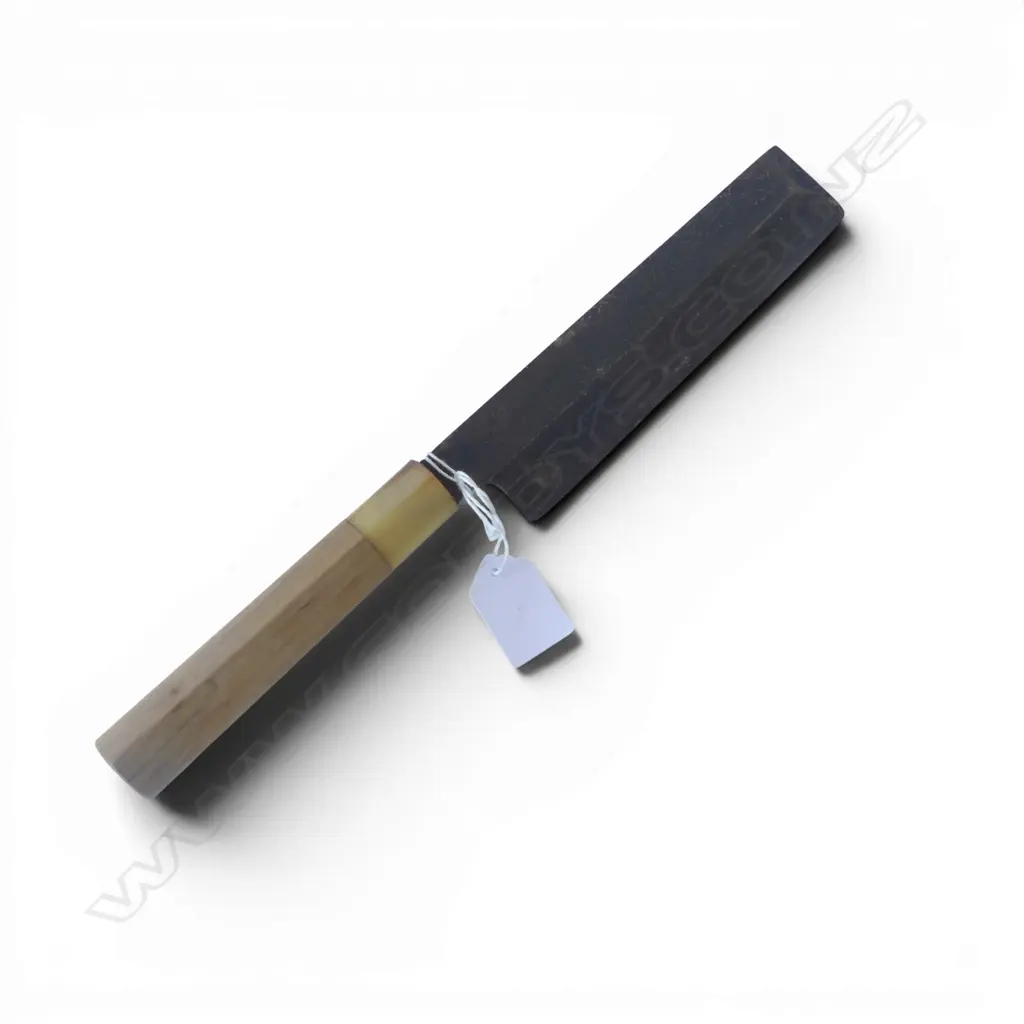 QUALITY JAPANESE 'KUROUCHI' vegetable chopping CHEF'S KNIFE carbon steel signed blade. Horn fitted wood handle. L.320mm Image 1++