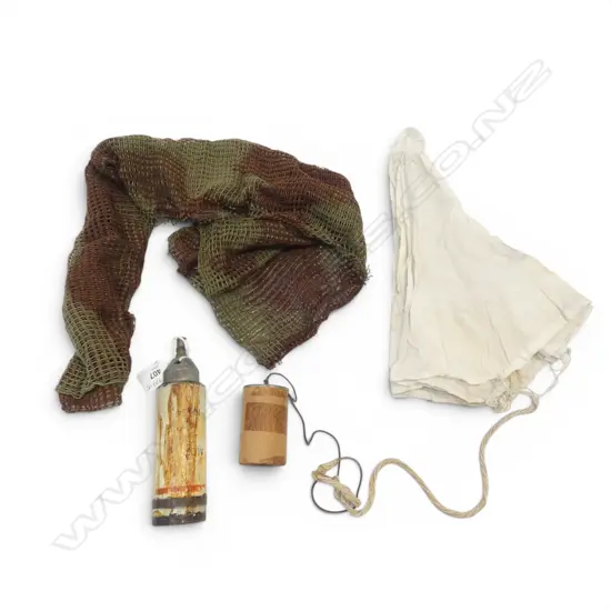 CAMOUFLAGE CLOTHE + BRITISH ORDNANCE MORTAR half of casing only + parachute + internal cylinder